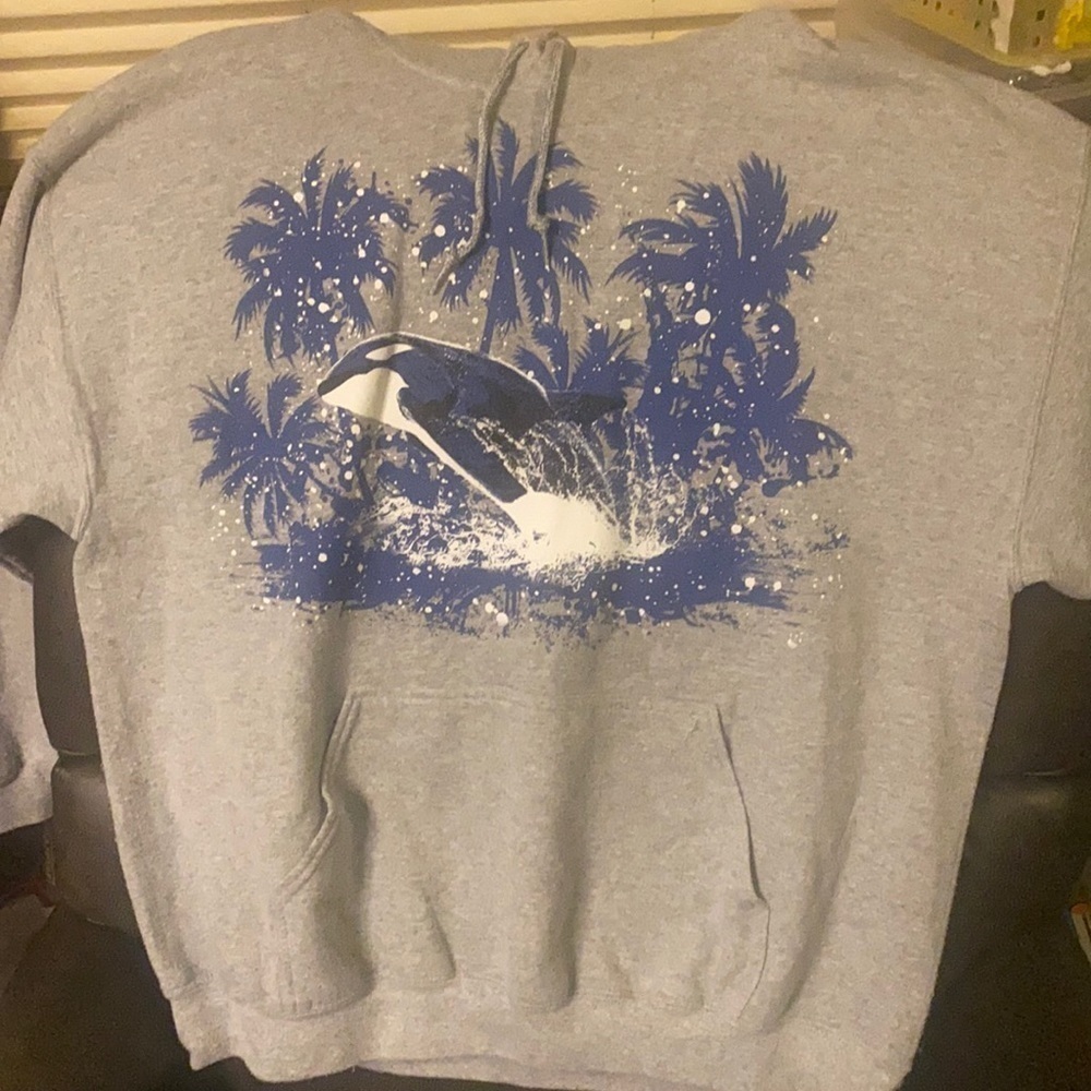 Men’s XL Seaworld Gray & Blue Hoodie Pullover Unisex Fall Outdoor Camping
